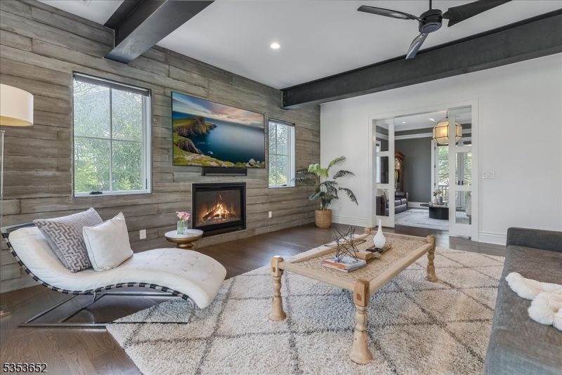 Fireplace, Interior, Living room, Recessed Lighting, Wooden Beams, Wood Texture Flooring, Wooden Walls
