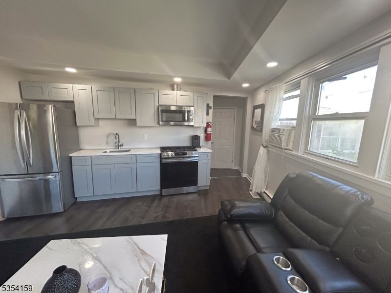 Interior, Kitchen, Living room, Recessed Lighting, Stainless Steel Appliances, Wood Texture Flooring
