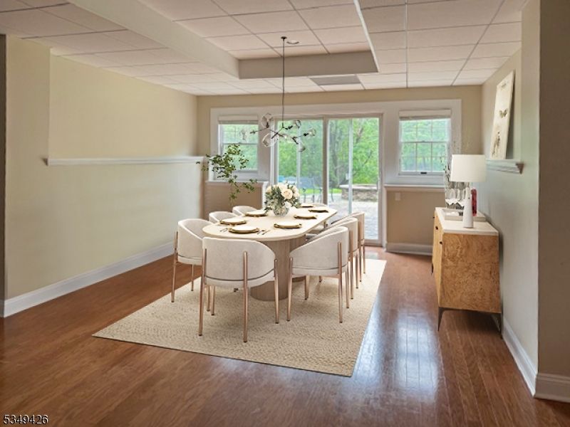Dining room, Interior, Pendant Lights, Wood Texture Flooring
