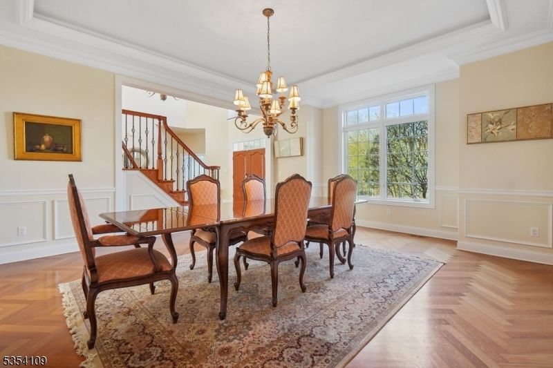 Chandelier, Dining room, Interior, Wood Texture Flooring
