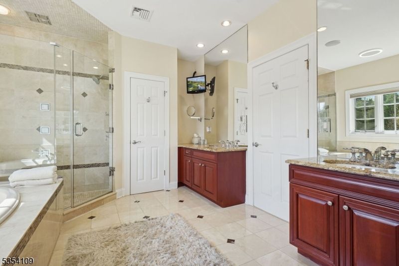 Bathroom, Dual Sink Vanities, Glass Shower, Interior, Recessed Lighting