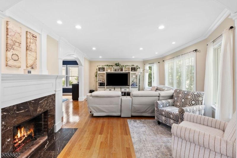 Fireplace, Interior, Living room, Recessed Lighting, Wood Texture Flooring