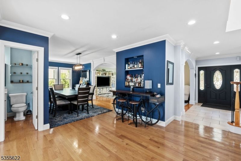 Dining room, Interior, Pendant Lights, Recessed Lighting, Wood Texture Flooring