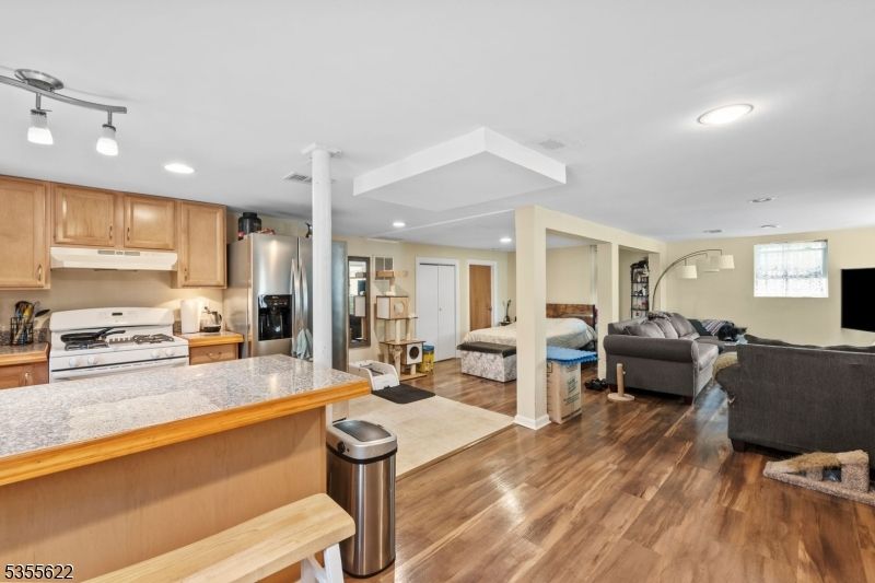 Interior, Kitchen, Living room, Recessed Lighting, Stainless Steel Appliances, Wood Texture Flooring