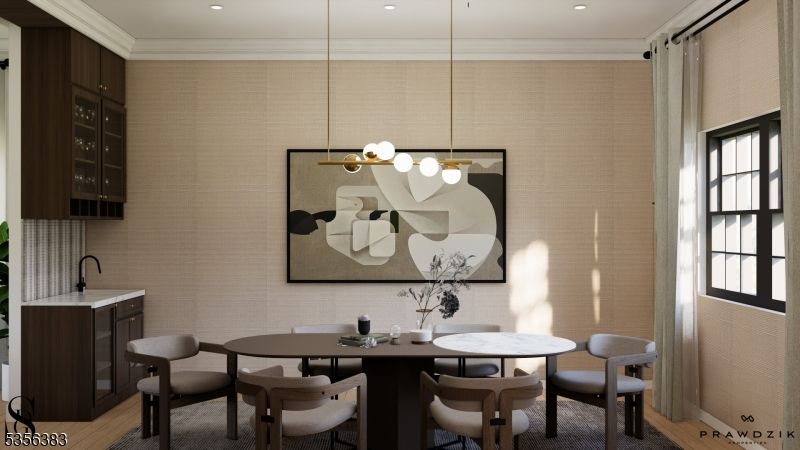 Dining room, Interior, Pendant Lights, Recessed Lighting, Wood Texture Flooring