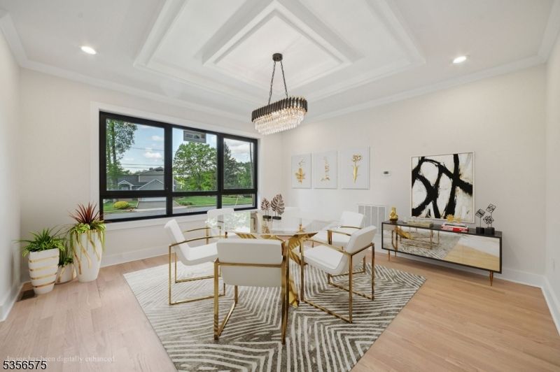 Chandelier, Dining room, Interior, Living room, Recessed Lighting, Wood Texture Flooring