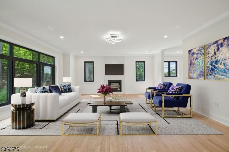 Fireplace, Interior, Living room, Recessed Lighting, Wood Texture Flooring