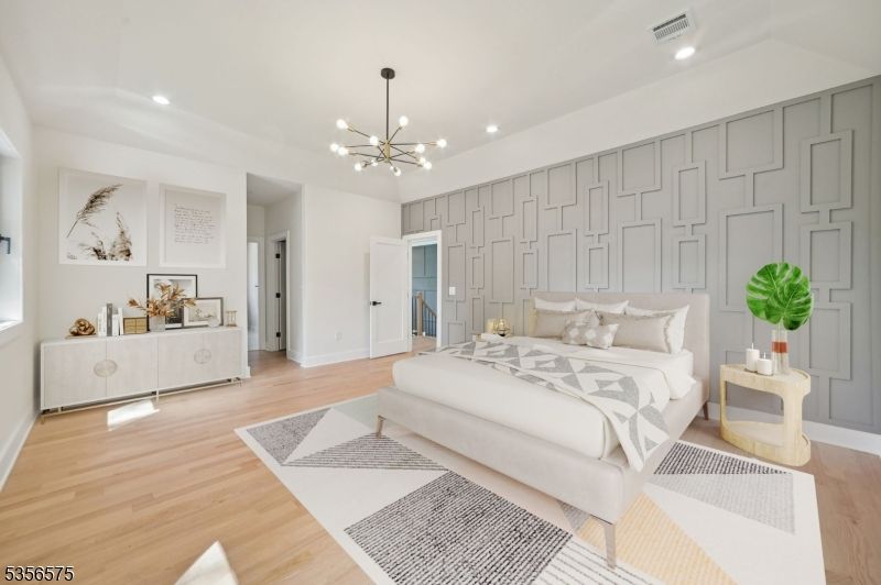 Bedroom, Interior, Pendant Lights, Recessed Lighting, Wood Texture Flooring