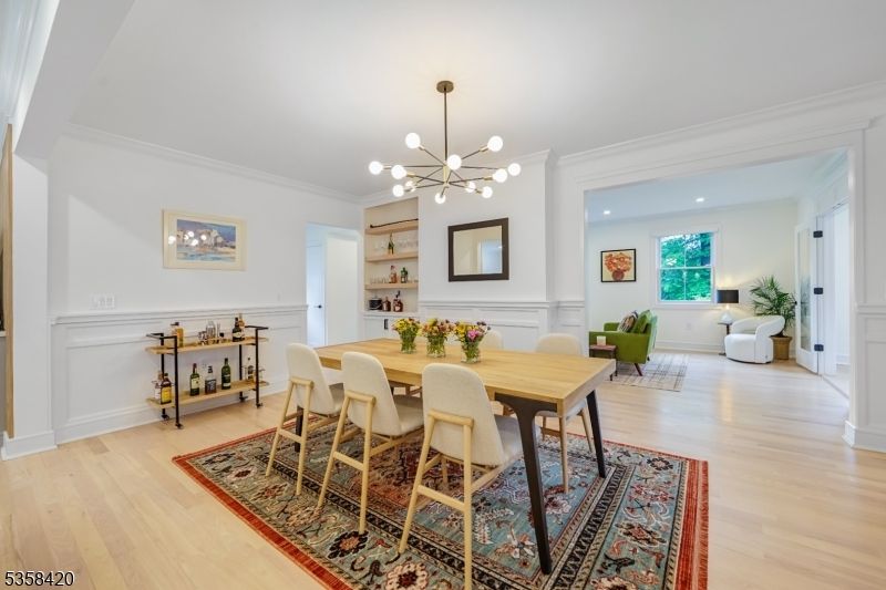 Dining room, Interior, Pendant Lights, Recessed Lighting, Wood Texture Flooring