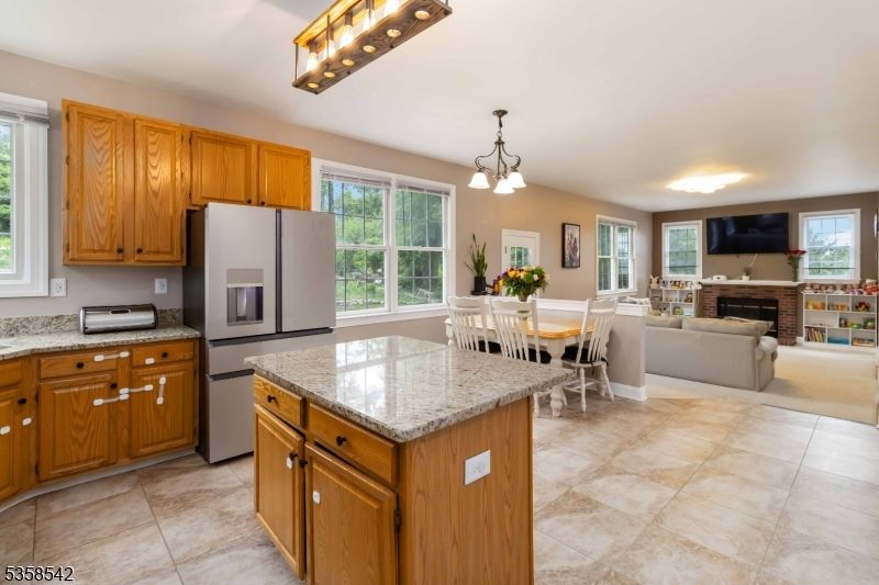 Dining room, Fireplace, Interior, Kitchen, Living room, Pendant Lights