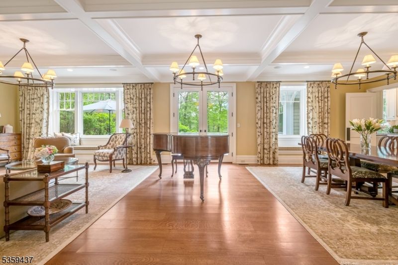 Chandelier, Dining room, Interior, Living room, Piano, Recessed Lighting, Wood Texture Flooring