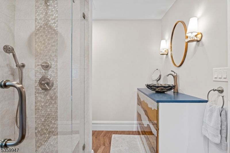 Bathroom, Glass Shower, Interior, Wood Texture Flooring