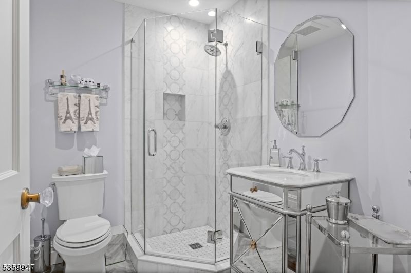 Bathroom, Glass Shower, Interior, Marble Walls, Recessed Lighting