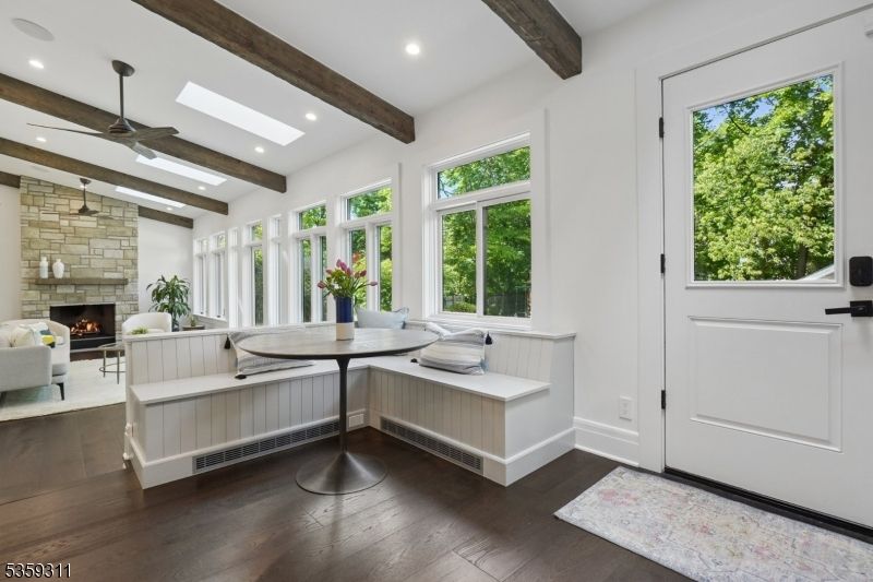 Fireplace, Interior, Recessed Lighting, Stone Walls, Wooden Beams, Wood Texture Flooring
