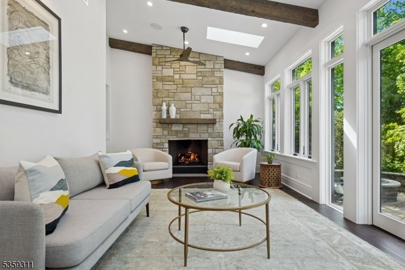 Fireplace, Interior, Living room, Recessed Lighting, Stone Walls, Wooden Beams, Wood Texture Flooring