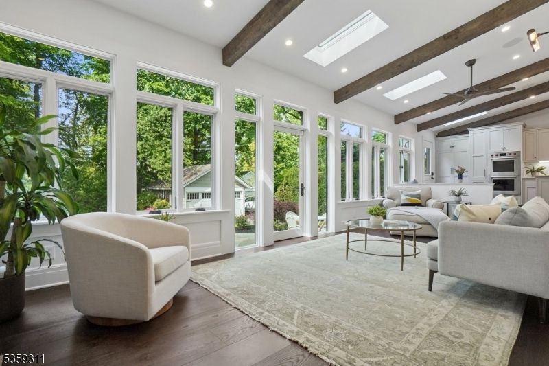 Interior, Living room, Pendant Lights, Recessed Lighting, Stainless Steel Appliances, Wooden Beams, Wood Texture Flooring