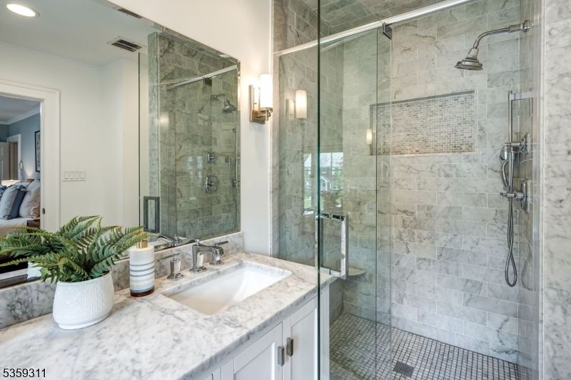 Bathroom, Glass Shower, Interior, Recessed Lighting, Stone Walls