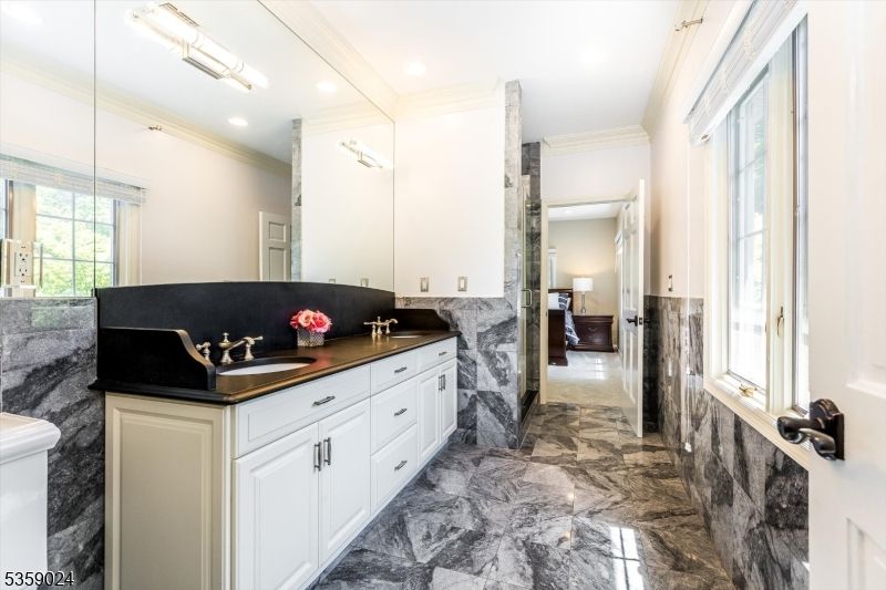 Bathroom, Dual Sink Vanities, Interior, Marble, Recessed Lighting