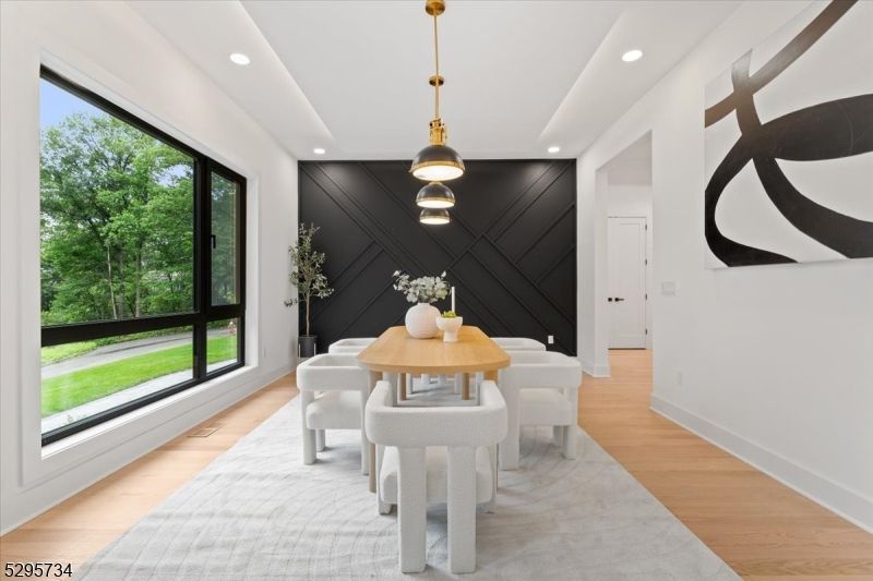 Dining room, Interior, Pendant Lights, Recessed Lighting, Wood Texture Flooring