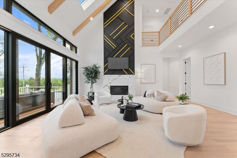 Fireplace, Interior, Living room, Recessed Lighting, Wooden Beams, Wood Texture Flooring