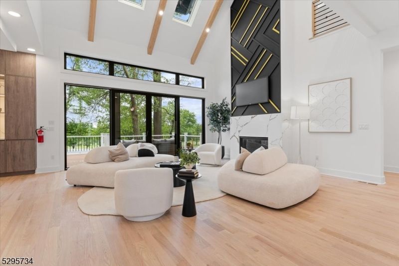 Fireplace, Interior, Living room, Recessed Lighting, Wooden Beams, Wood Texture Flooring