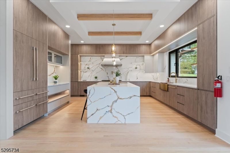 Interior, Kitchen, Marble Walls, Pendant Lights, Recessed Lighting, Wooden Beams, Wood Texture Flooring