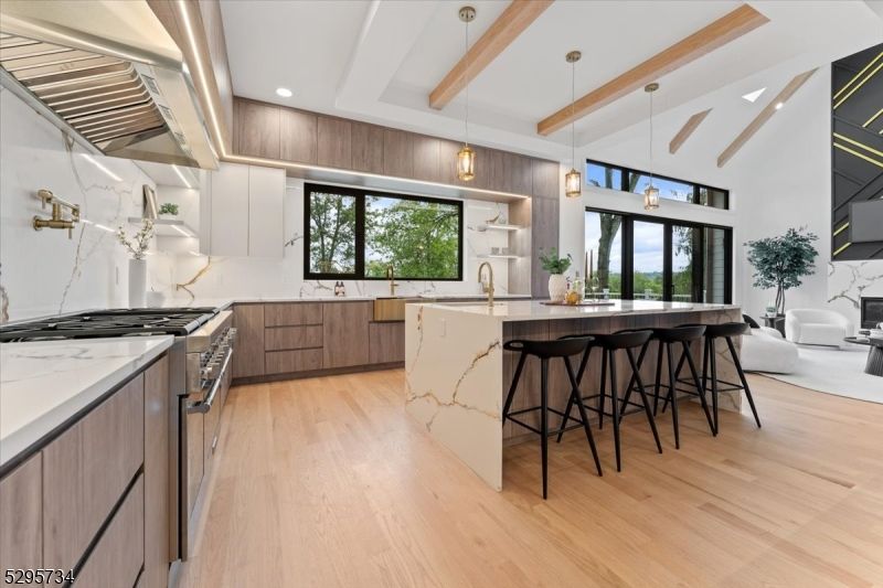 Interior, Kitchen, Marble Walls, Pendant Lights, Recessed Lighting, Stainless Steel Appliances, Wooden Beams, Wood Texture Flooring