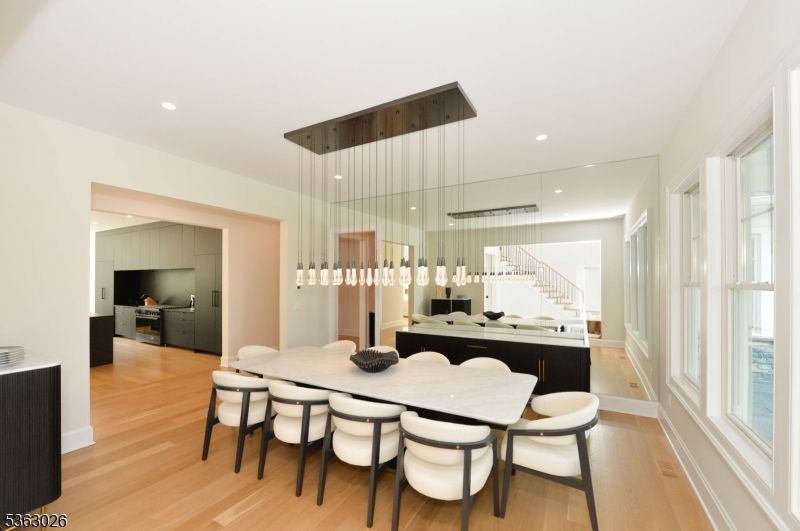 Dining room, Interior, Pendant Lights, Recessed Lighting, Wood Texture Flooring