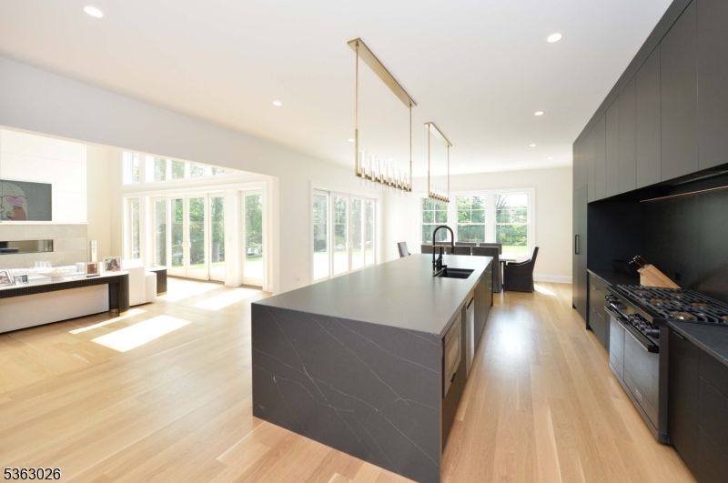 Dining room, Interior, Kitchen, Pendant Lights, Recessed Lighting, Wood Texture Flooring