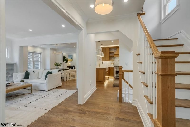 Dining room, Fireplace, Interior, Kitchen, Living room, Pendant Lights, Recessed Lighting, Wood Texture Flooring