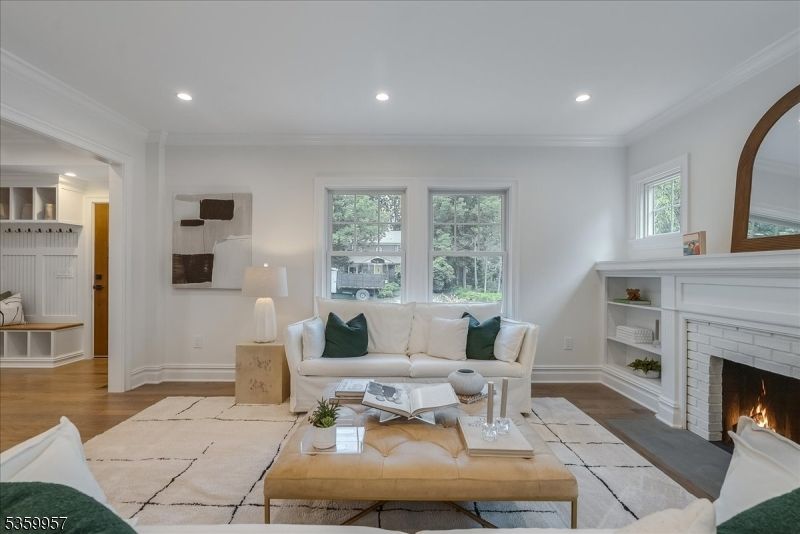 Fireplace, Interior, Living room, Recessed Lighting, Wood Texture Flooring