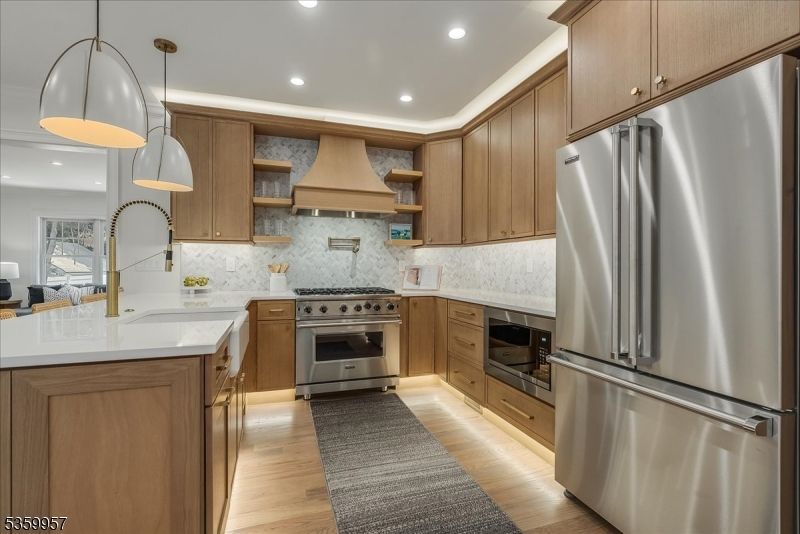 Interior, Kitchen, Pendant Lights, Recessed Lighting, Stainless Steel Appliances, Wood Texture Flooring
