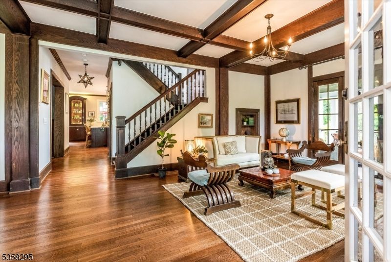 Chandelier, Interior, Living room, Wooden Beams, Wood Texture Flooring