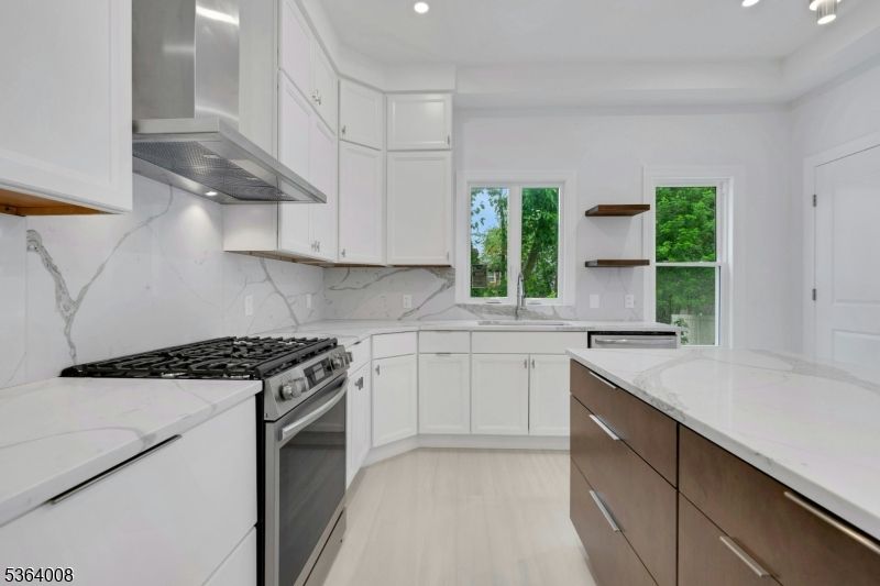Interior, Kitchen, Marble Walls, Recessed Lighting, Wood Texture Flooring