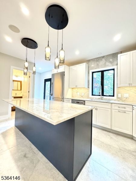 Interior, Kitchen, Marble Walls, Pendant Lights, Recessed Lighting