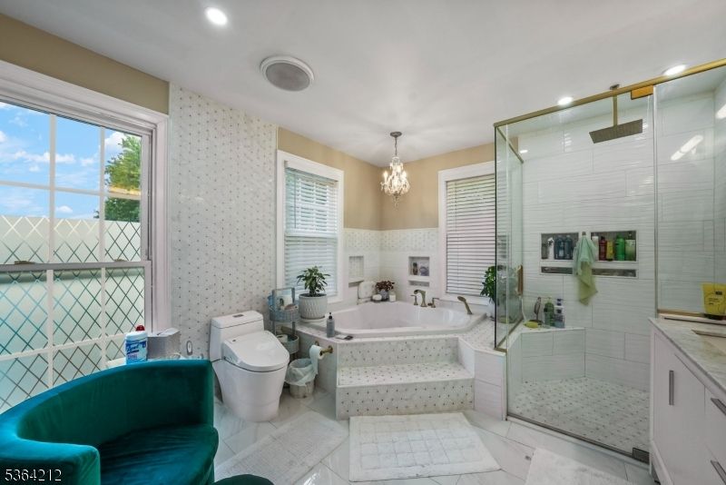 Bathroom, Chandelier, Glass Shower, Interior, Marble, Recessed Lighting