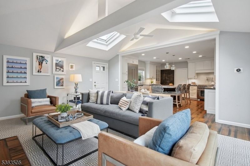 Dining room, Interior, Kitchen, Living room, Pendant Lights, Recessed Lighting, Stainless Steel Appliances, Wood Texture Flooring