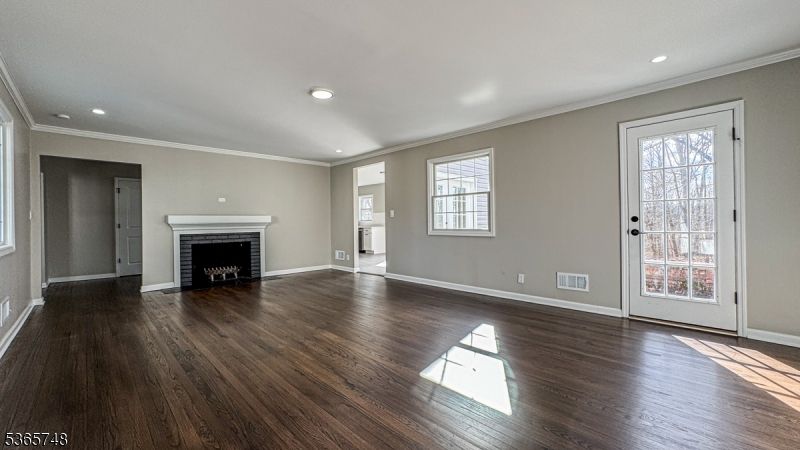 Empty room, Fireplace, Interior, Recessed Lighting, Wood Texture Flooring