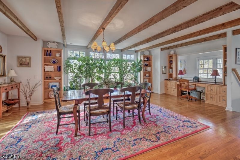 Chandelier, Dining room, Interior, Wooden Beams, Wood Texture Flooring