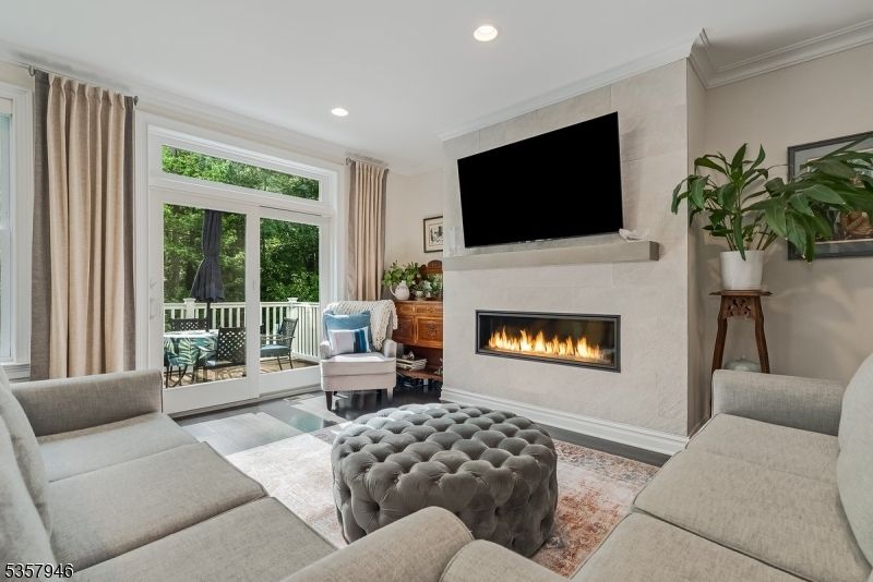 Fireplace, Interior, Living room, Recessed Lighting, Wood Texture Flooring