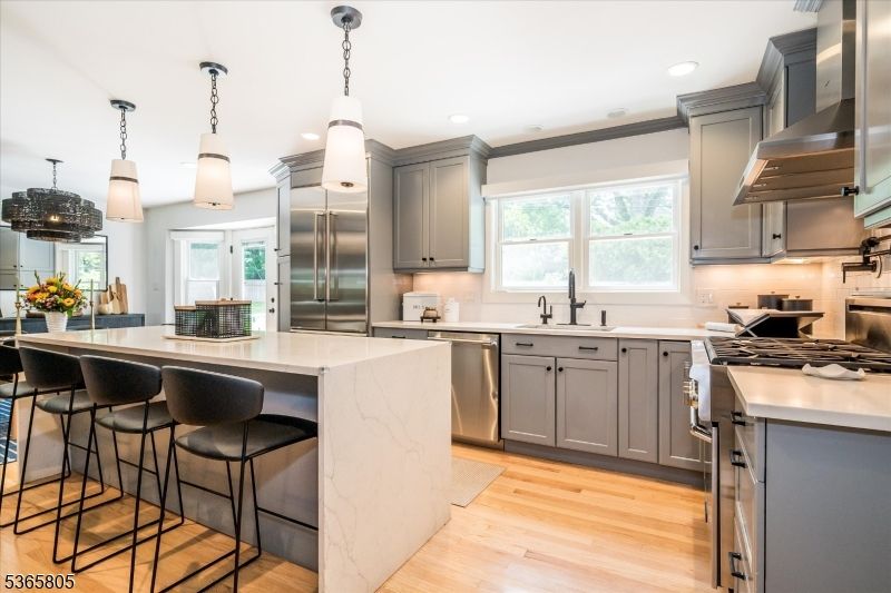 Interior, Kitchen, Pendant Lights, Recessed Lighting, Stainless Steel Appliances, Wood Texture Flooring