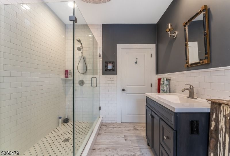 Bathroom, Glass Shower, Interior, Recessed Lighting, Wood Texture Flooring