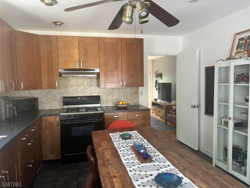 Interior, Kitchen, Tile Countertops, Wood Texture Flooring