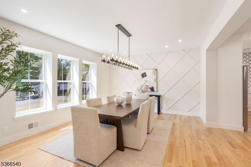 Dining room, Interior, Pendant Lights, Recessed Lighting, Wood Texture Flooring