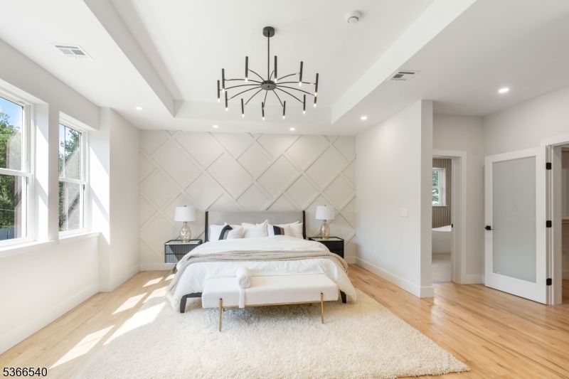 Bedroom, Interior, Pendant Lights, Recessed Lighting, Wood Texture Flooring
