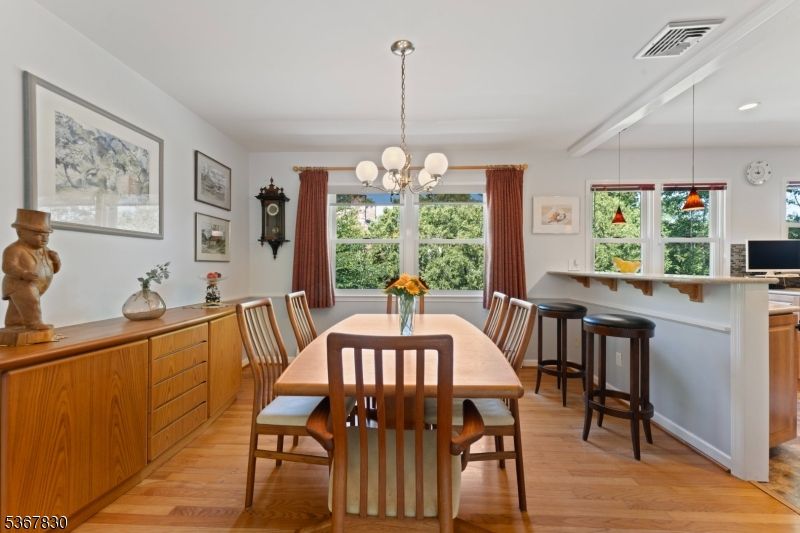 Dining room, Interior, Pendant Lights, Recessed Lighting, Wood Texture Flooring