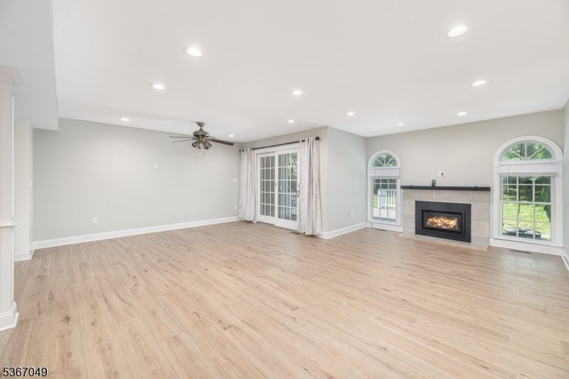 Empty room, Fireplace, Interior, Recessed Lighting, Wood Texture Flooring