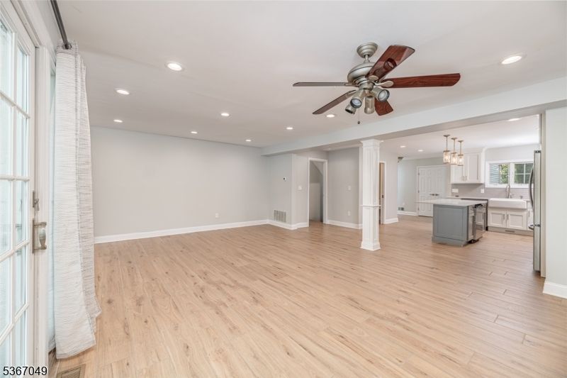 Chandelier, Empty room, Interior, Kitchen, Recessed Lighting, Wood Texture Flooring