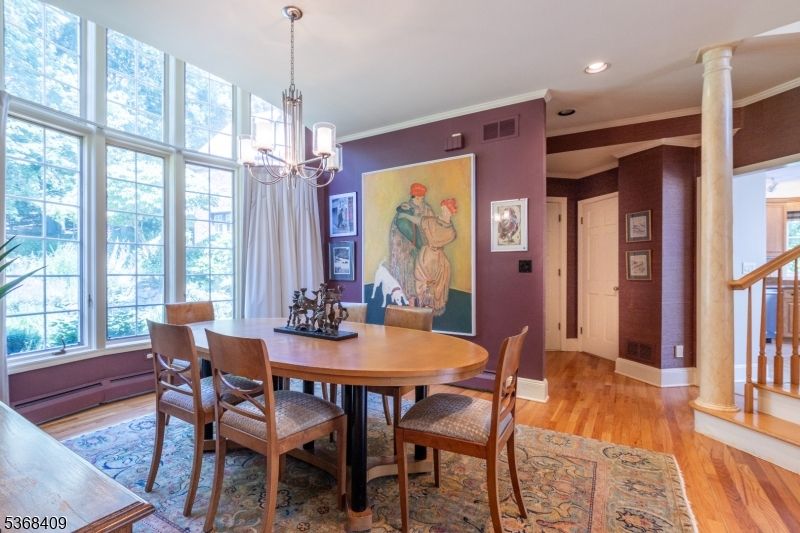 Chandelier, Dining room, Interior, Recessed Lighting, Wood Texture Flooring