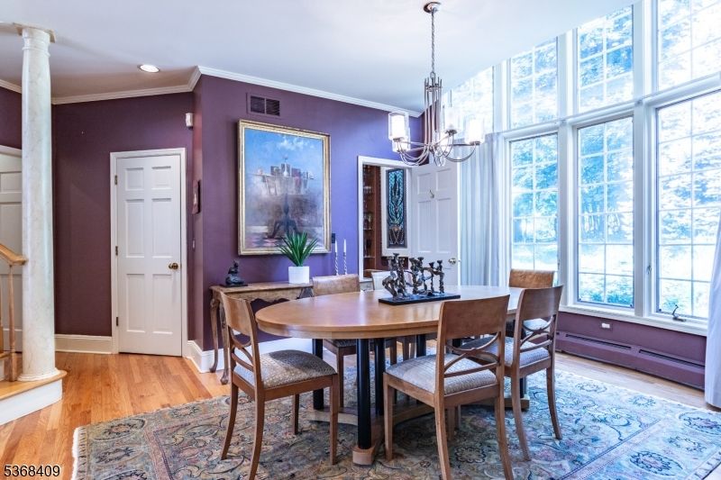Chandelier, Dining room, Interior, Recessed Lighting, Wood Texture Flooring